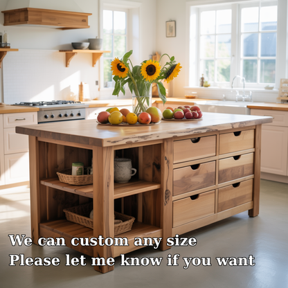 Live Edge Solid Wood Kitchen Island - Rustic Farmhouse Butcher Block Prep Table with Storage