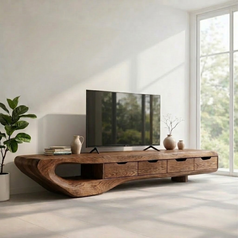 Solid Wood TV Console with Curved Live Edge – Modern Rustic Media Stand with Drawers