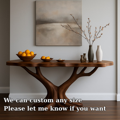 Handcrafted Solid Wood Console Table with Tree-Inspired Base – Modern Organic Art Furniture Kitchnce