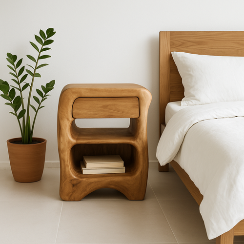Handcrafted Solid Wood Nightstand – Sculptural Bedside Table with Drawer and Open Storage Kitchnce