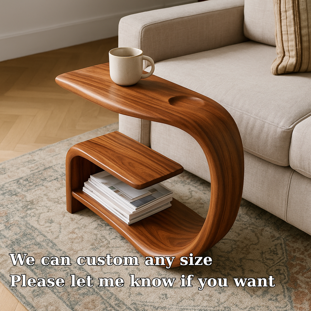 Handcrafted Solid Wood Armrest Table with Sculpted Curve Design & Storage Shelf Kitchnce