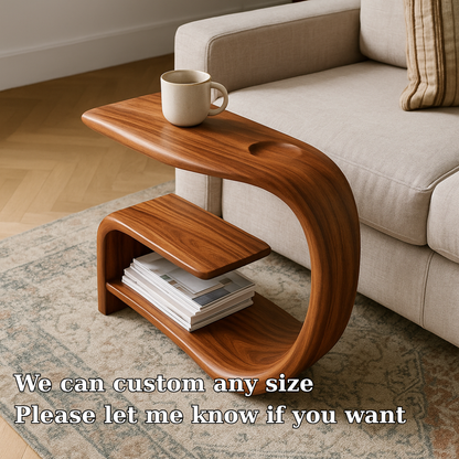 Handcrafted Solid Wood Armrest Table with Sculpted Curve Design & Storage Shelf Kitchnce