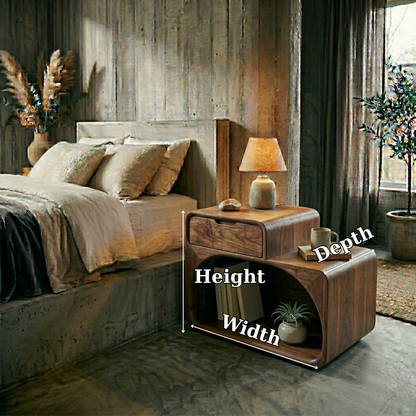 Solid Wood Nightstand with Drawer & Open Shelf – Modern Curved Bedside Table