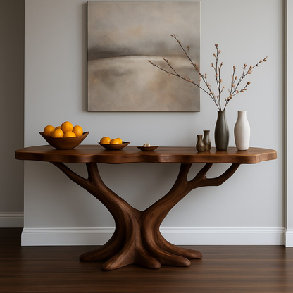 Handcrafted Solid Wood Console Table with Tree-Inspired Base – Modern Organic Art Furniture Kitchnce