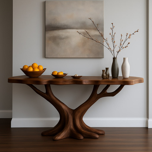 Handcrafted Solid Wood Console Table with Tree-Inspired Base – Modern Organic Art Furniture Kitchnce