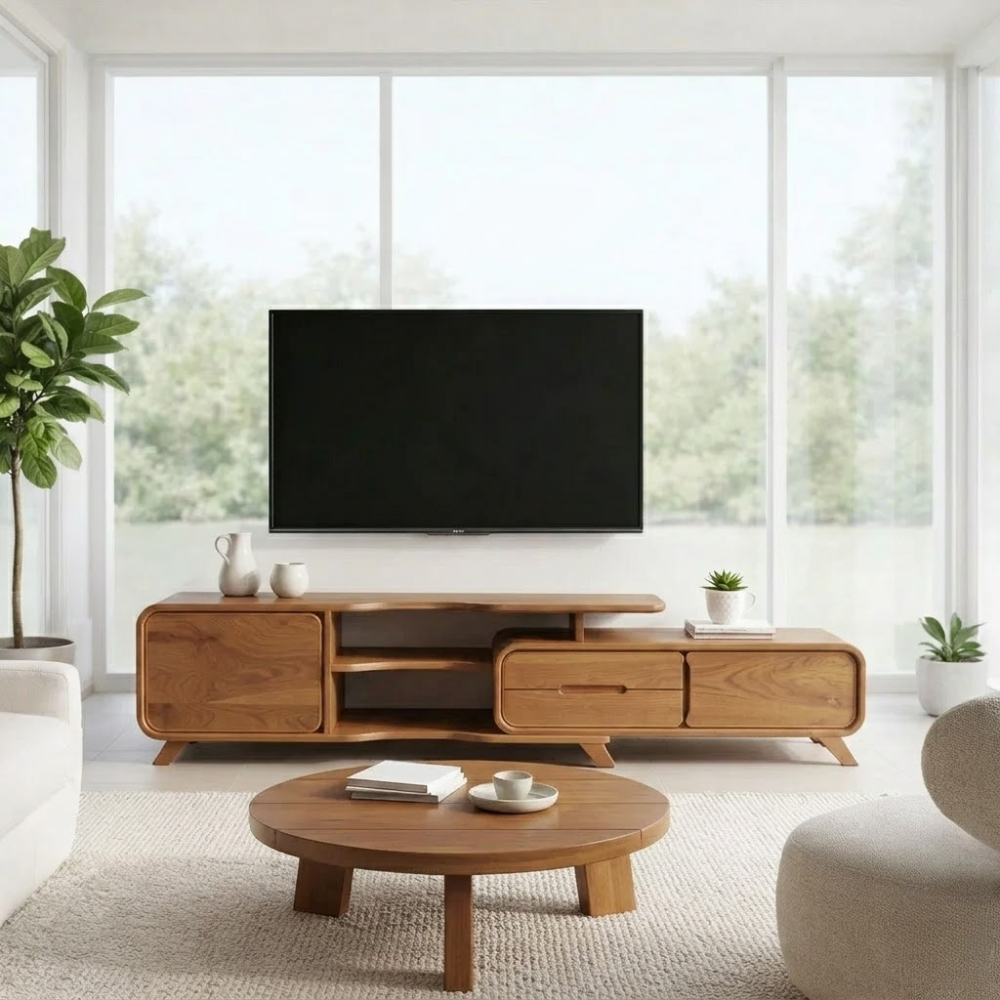 Solid Wood TV Console with Drawers & Shelves – Modern Media Unit Storage