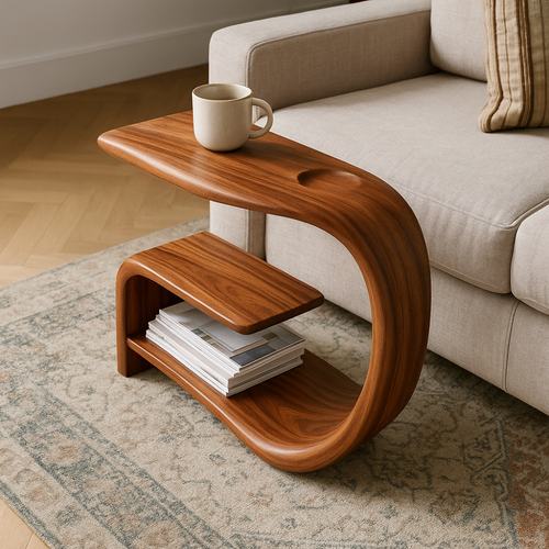 Handcrafted Solid Wood Armrest Table with Sculpted Curve Design & Storage Shelf Kitchnce