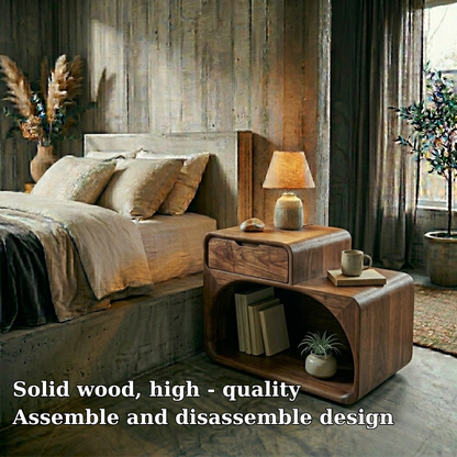 Solid Wood Nightstand with Drawer & Open Shelf – Modern Curved Bedside Table