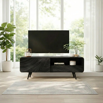 Solid Wood TV Console with Sliding Door – Modern Walnut Media Stand with Storage