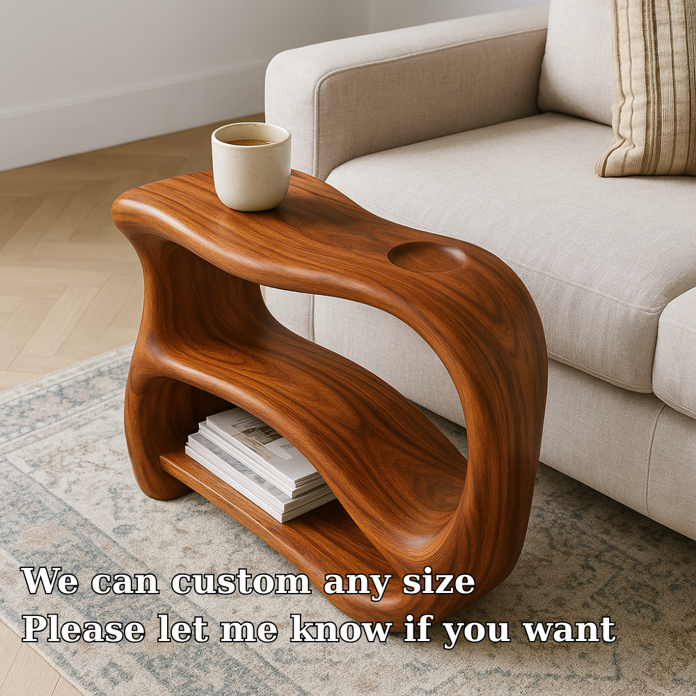 Solid Wood Sofa Armrest Table with Cup Holder and Storage Shelf for Couch Side
