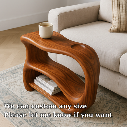 Solid Wood Sofa Armrest Table with Cup Holder and Storage Shelf for Couch Side