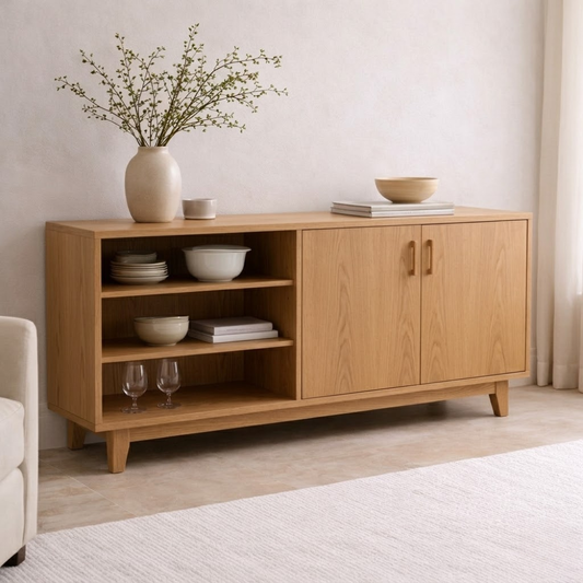 Modern Solid Wood Sideboard Console Cabinet with Open Shelf and Doors