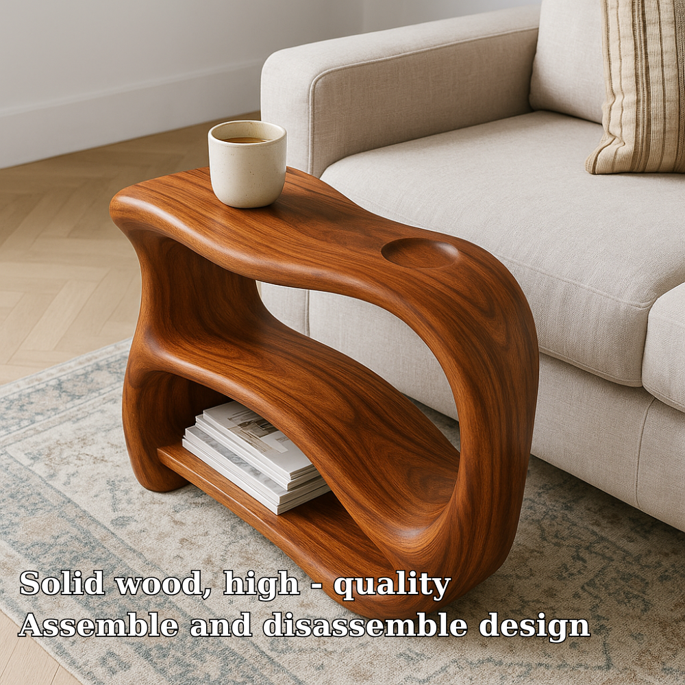 Handcrafted Solid Wood Armrest Table – Sculpted Organic Side Table with Storage Shelf Kitchnce