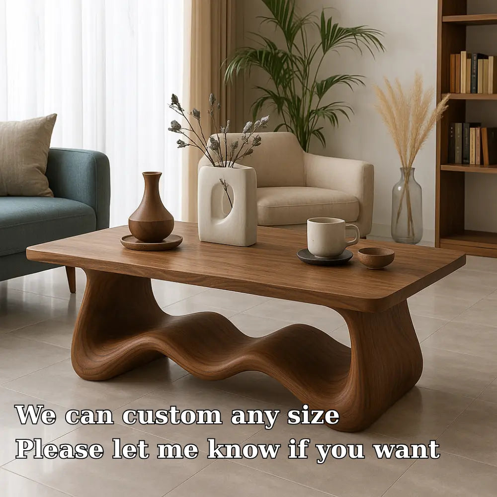 Handcrafted Solid Wood Coffee Table with Sculptural Wave Base – Modern Organic Centerpiece Kitchnce