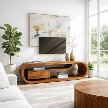 Solid Wood Curved TV Cabinet – Modern Sculptural Media Console with Storage Kitchnce