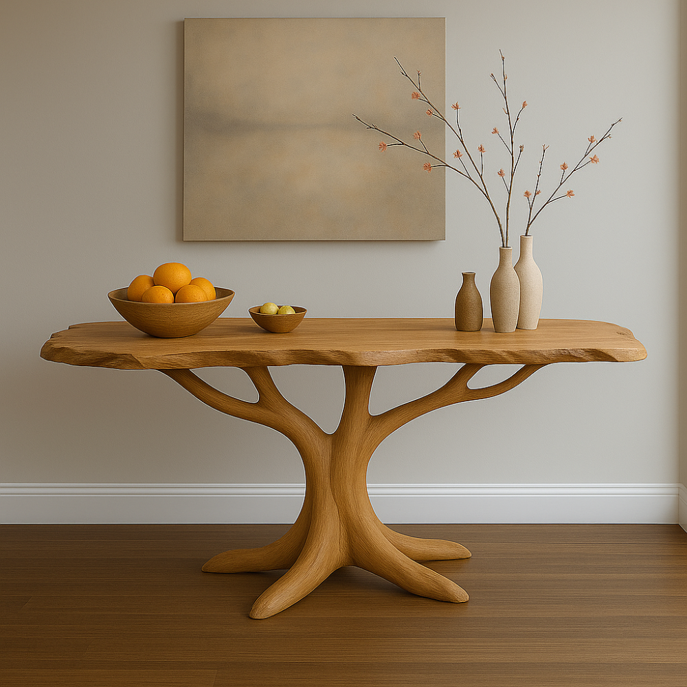 Handcrafted Solid Wood Console Table with Organic Tree Shape – Modern Natural Art Furniture Kitchnce