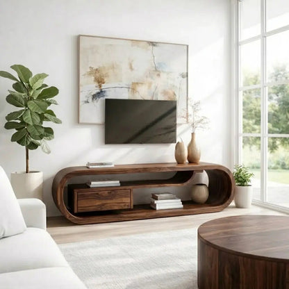 Solid Wood Curved TV Cabinet – Modern Sculptural Media Console with Storage Kitchnce