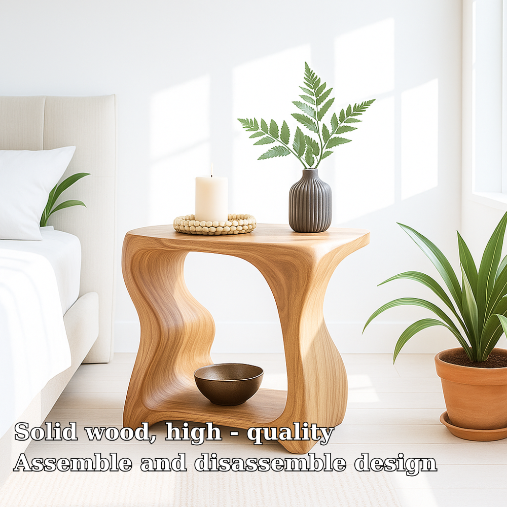 Handcrafted Solid Wood Nightstand – Sculpted Organic Bedside Table with Open Shelf Kitchnce