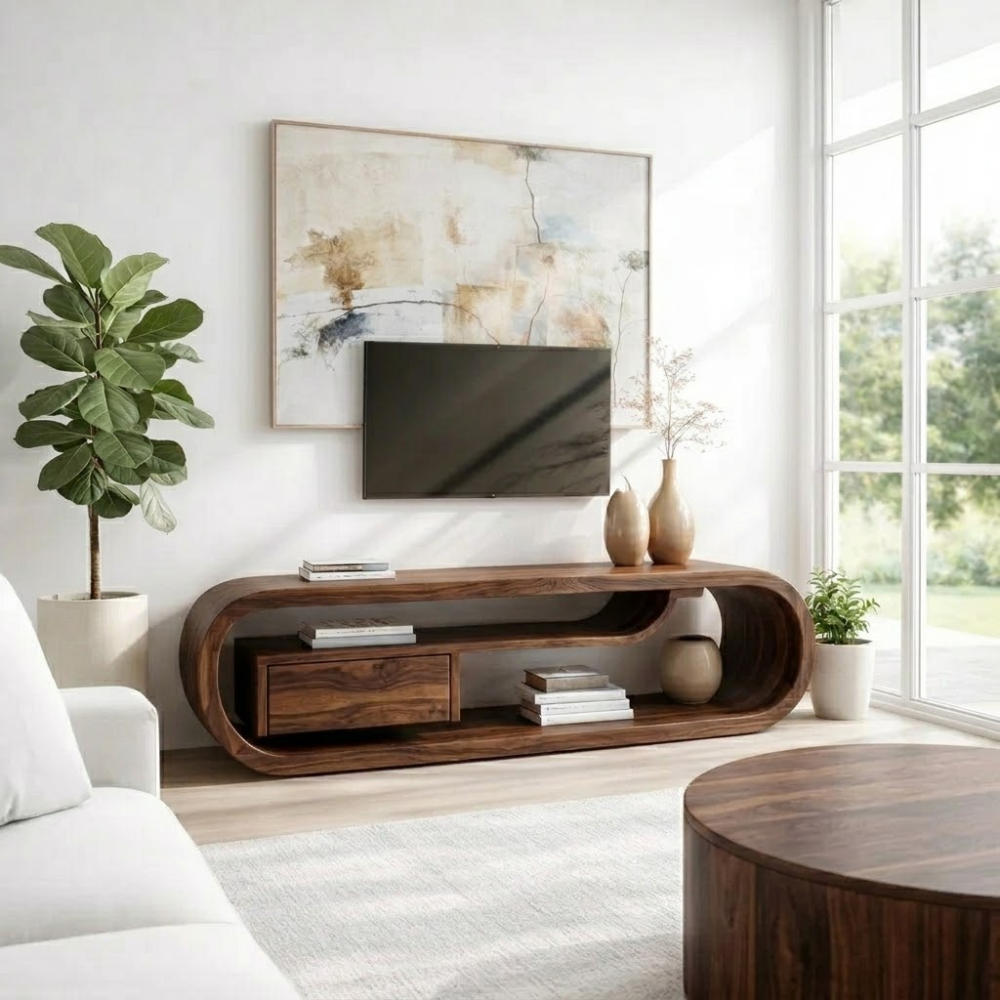 Solid Wood TV Console with Curved Design – Modern Media Stand with Drawer