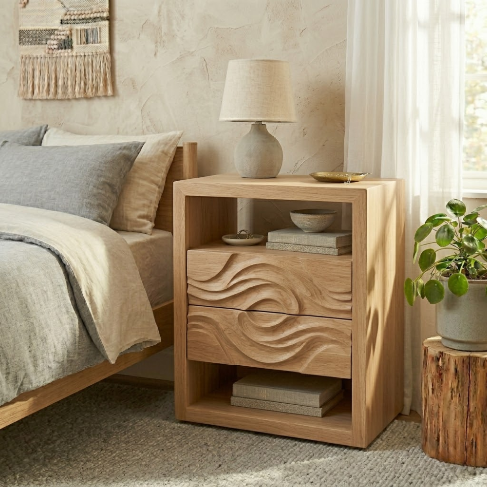Solid  Nightstand with Carved Drawer – Modern Table with Storage
