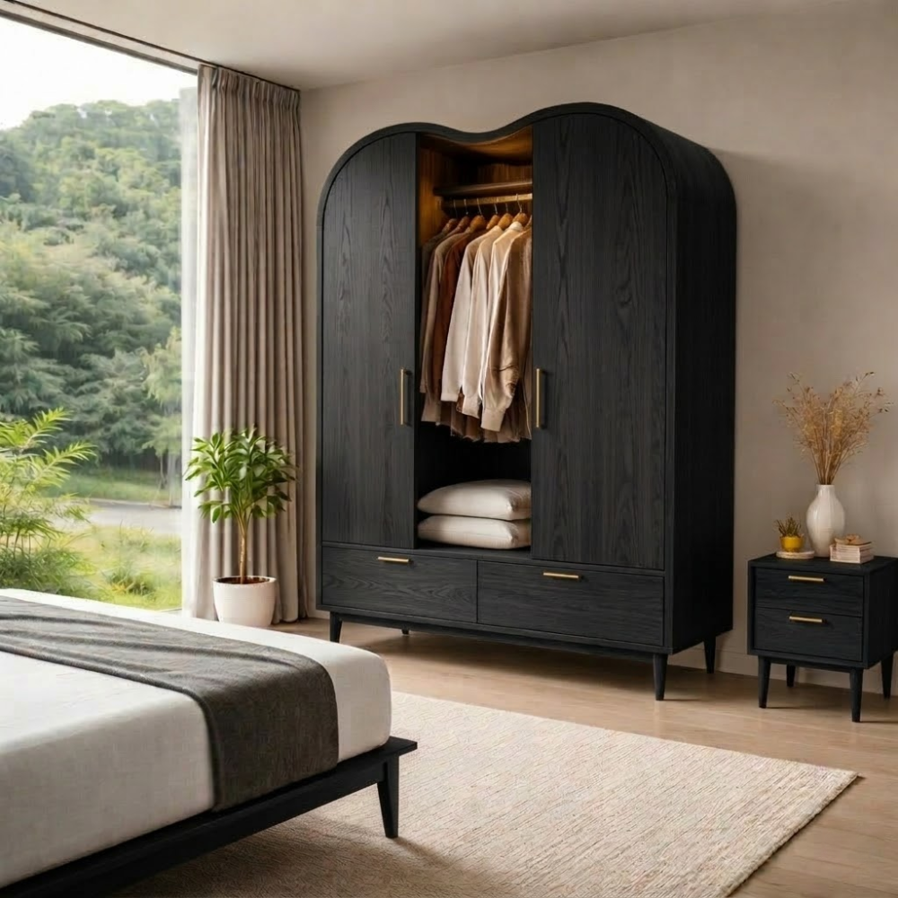 Solid Wood Wardrobe with Curved Top and Drawers – Modern Bedroom Closet
