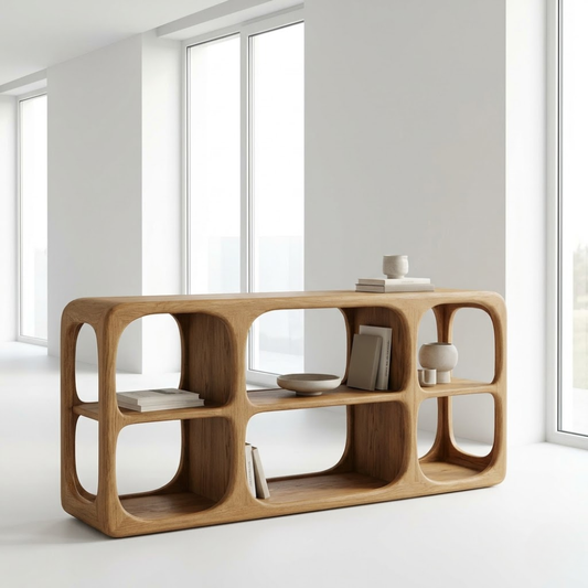 Minimalist Light Oak Console Cabinet - Sculptural Open Shelf Sideboard