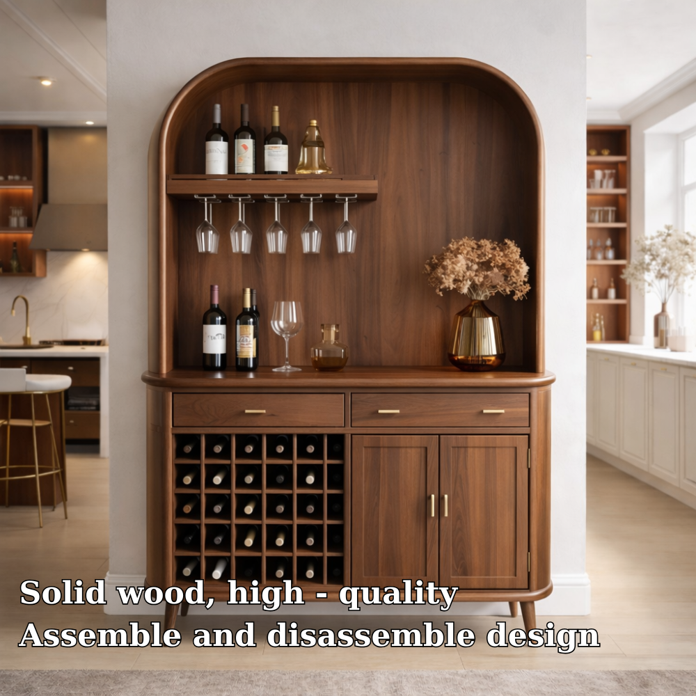 Solid Wood Bar Cabinet with Wine Rack and Curved Open Shelf Storage