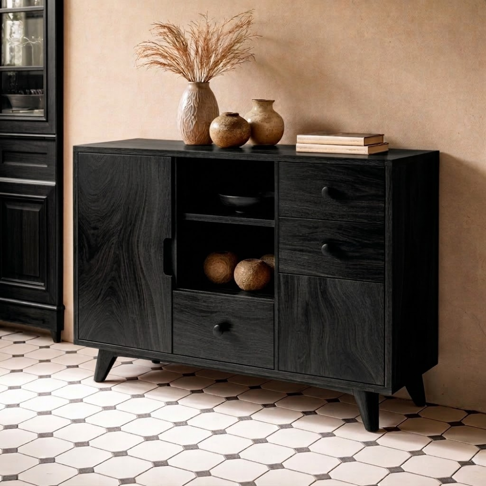 Solid Wood Console Cabinet - Mid-Century Modern Storage with Open Shelves