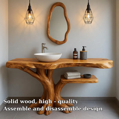 Handcrafted Solid Wood Bathroom Vanity with Tree-Inspired Base – Organic Natural Sink Stand Kitchnce