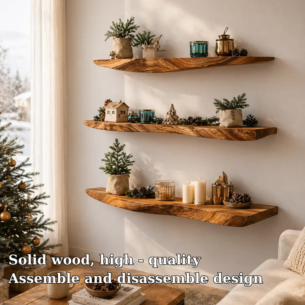 Solid Wood Floating Wall Shelf Live Edge Rustic Wall Mounted Display Shelf Kitchnce