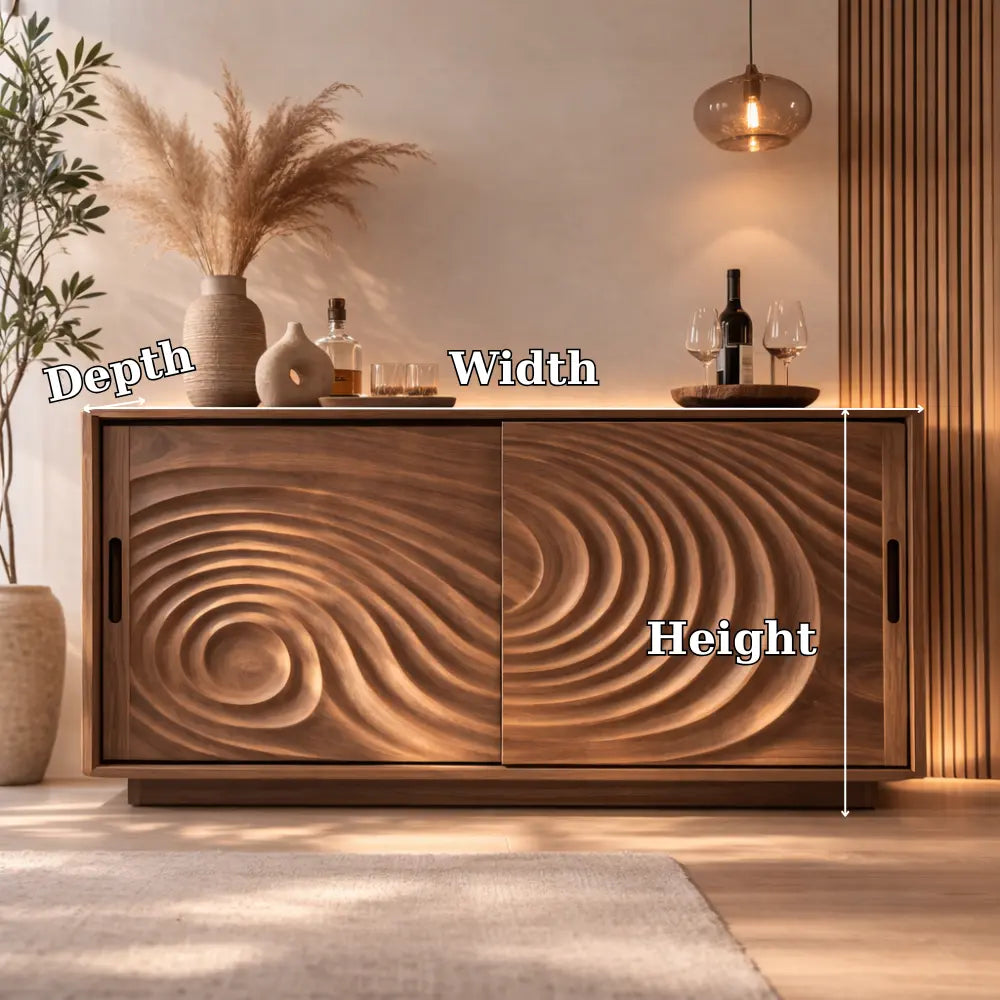 Solid Wood Console Table with Carved Wave Doors – Modern Sculptural Storage Cabinet Kitchnce