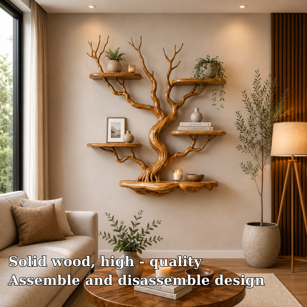 Nature Inspired Solid Wood Tree Bookshelf with Floating Display Shelves