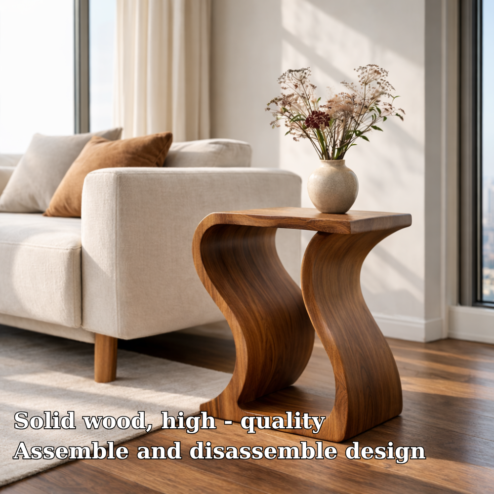 Modern Solid Wood End Table – Sculptural Curved Wooden Side Table for Living Room Kitchnce