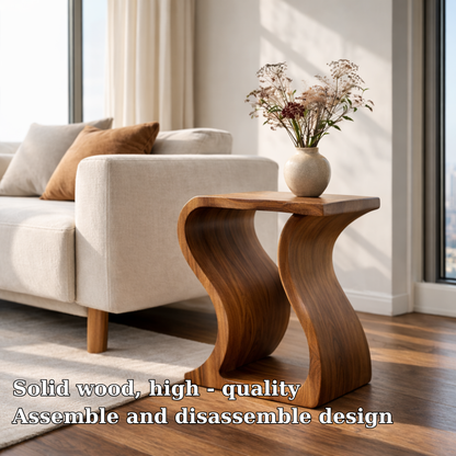 Modern Solid Wood End Table – Sculptural Curved Wooden Side Table for Living Room Kitchnce