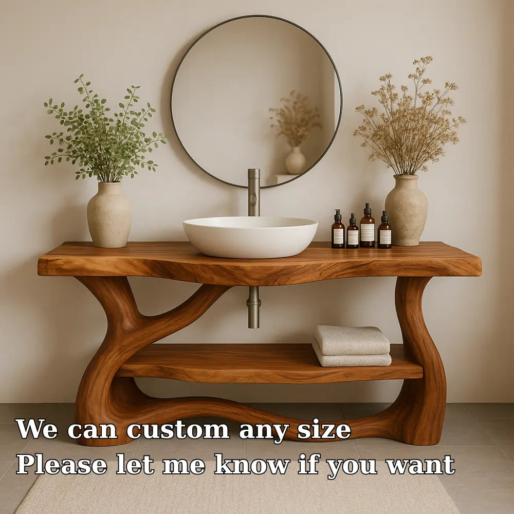 Handcrafted Solid Wood Bathroom Vanity with Organic Flow Design – Modern Natural Elegance Kitchnce