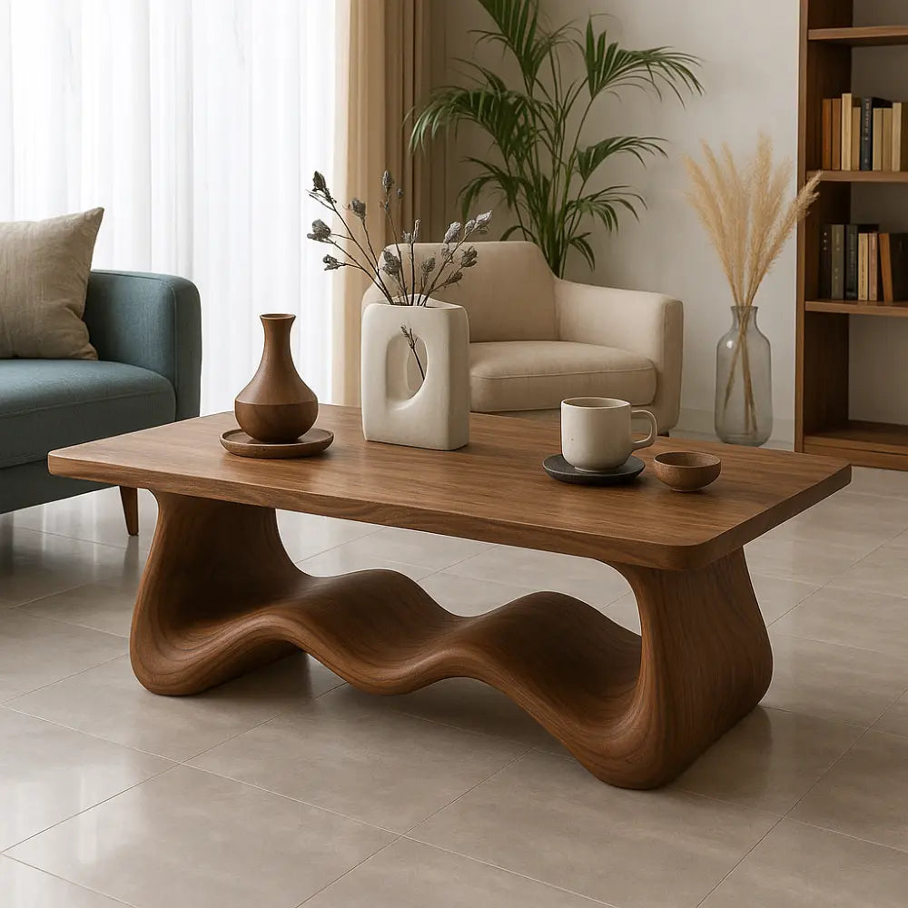 Handcrafted Solid Wood Coffee Table with Sculptural Wave Base – Modern Organic Centerpiece Kitchnce