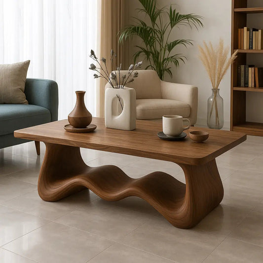 Handcrafted Solid Wood Coffee Table with Sculptural Wave Base – Modern Organic Centerpiece Kitchnce