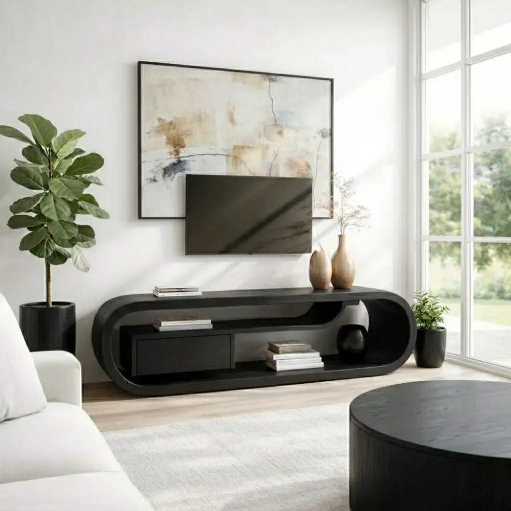 Solid Wood Curved TV Cabinet – Modern Sculptural Media Console with Storage Kitchnce