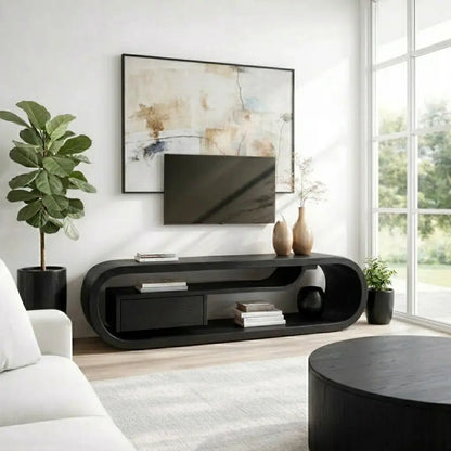 Solid Wood Curved TV Cabinet – Modern Sculptural Media Console with Storage Kitchnce