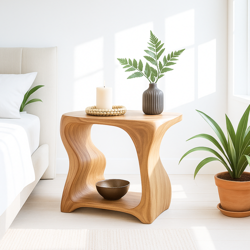 Handcrafted Solid Wood Nightstand – Sculpted Organic Bedside Table with Open Shelf Kitchnce