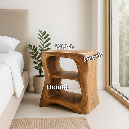 Handcrafted Solid Wood Nightstand – Sculpted Organic Bedside Table with Open Shelves Kitchnce