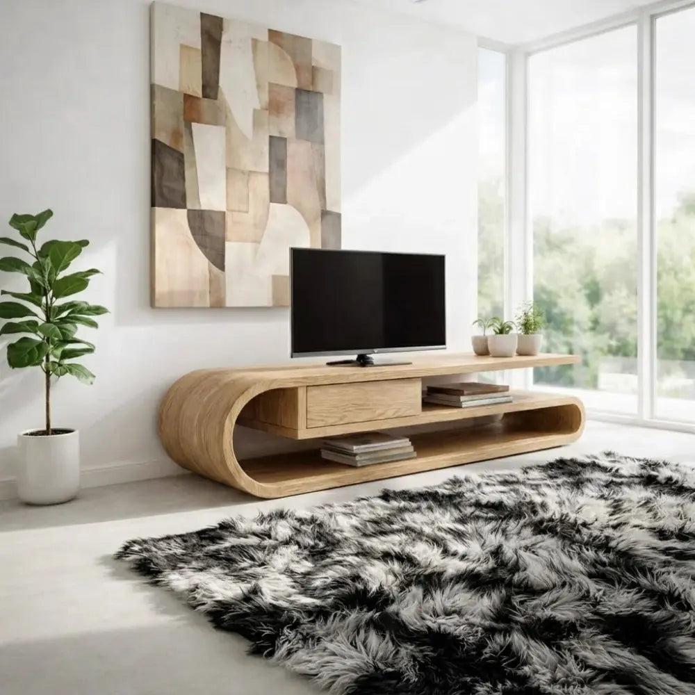 Solid Wood TV Cabinet Curved Design – Modern Oak Media Console Kitchnce