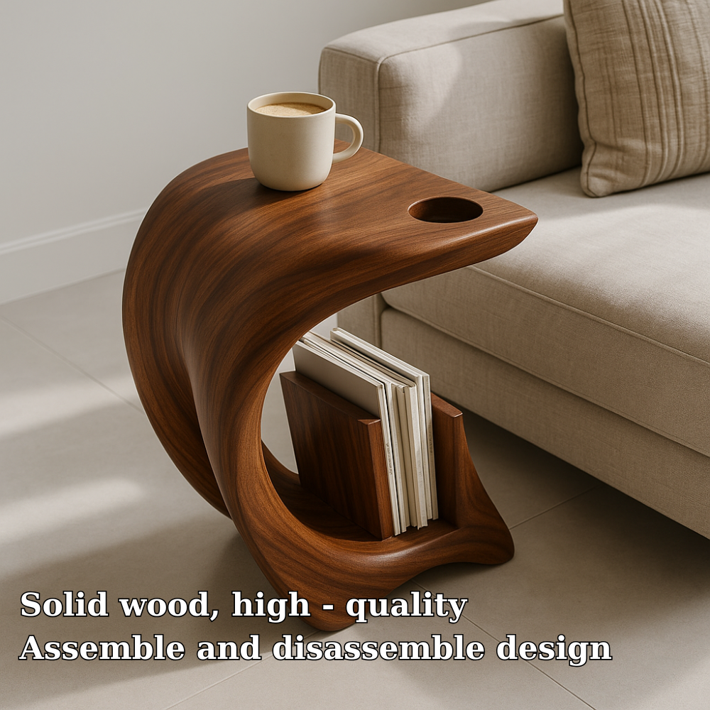 Handcrafted Solid Wood Armrest Table – Sculpted Organic Side Table with Storage Shelf Kitchnce