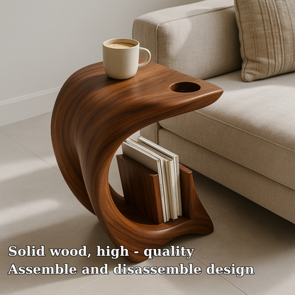 Handcrafted Solid Wood Armrest Table – Sculpted Organic Side Table with Storage Shelf Kitchnce