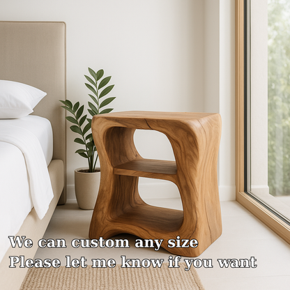 Handcrafted Solid Wood Nightstand – Sculpted Organic Bedside Table with Open Shelves Kitchnce
