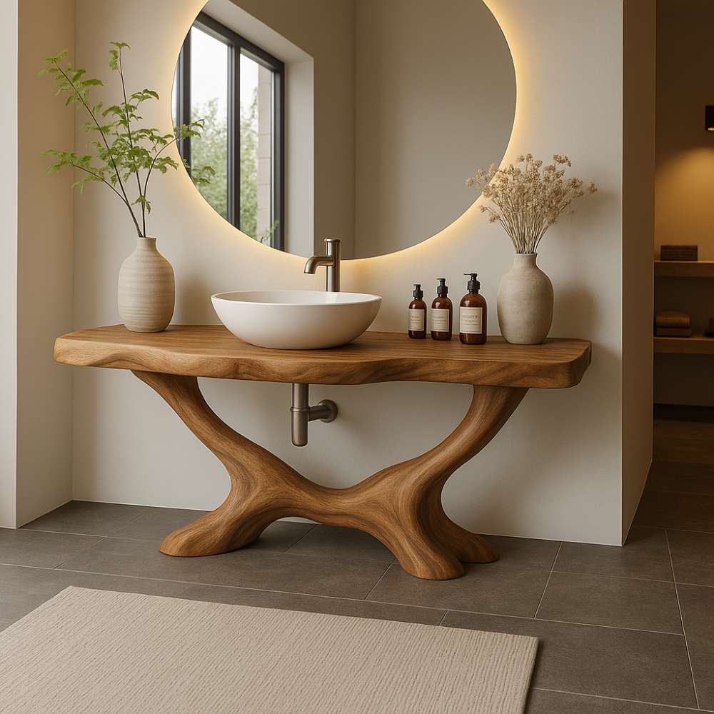 Handcrafted Solid Wood Bathroom Vanity with Organic Base – Modern Natural Bathroom Furniture Kitchnce
