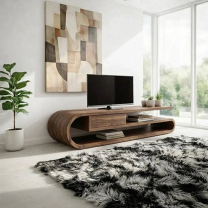 Solid Wood TV Cabinet Curved Design – Modern Oak Media Console Kitchnce