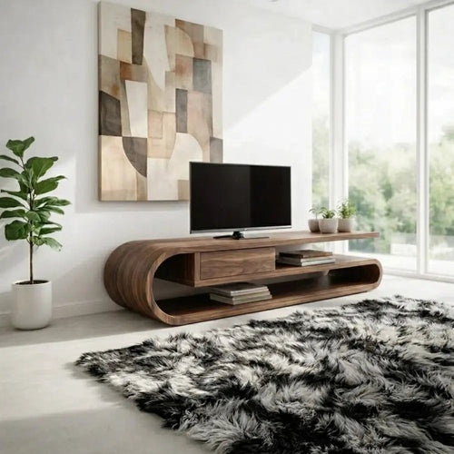 Solid Wood TV Cabinet Curved Design – Modern Oak Media Console Kitchnce