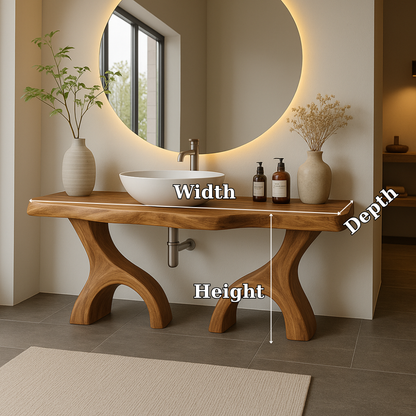 Handcrafted Solid Wood Bathroom Vanity with Dual Arched Base – Modern Organic Bathroom Design Kitchnce