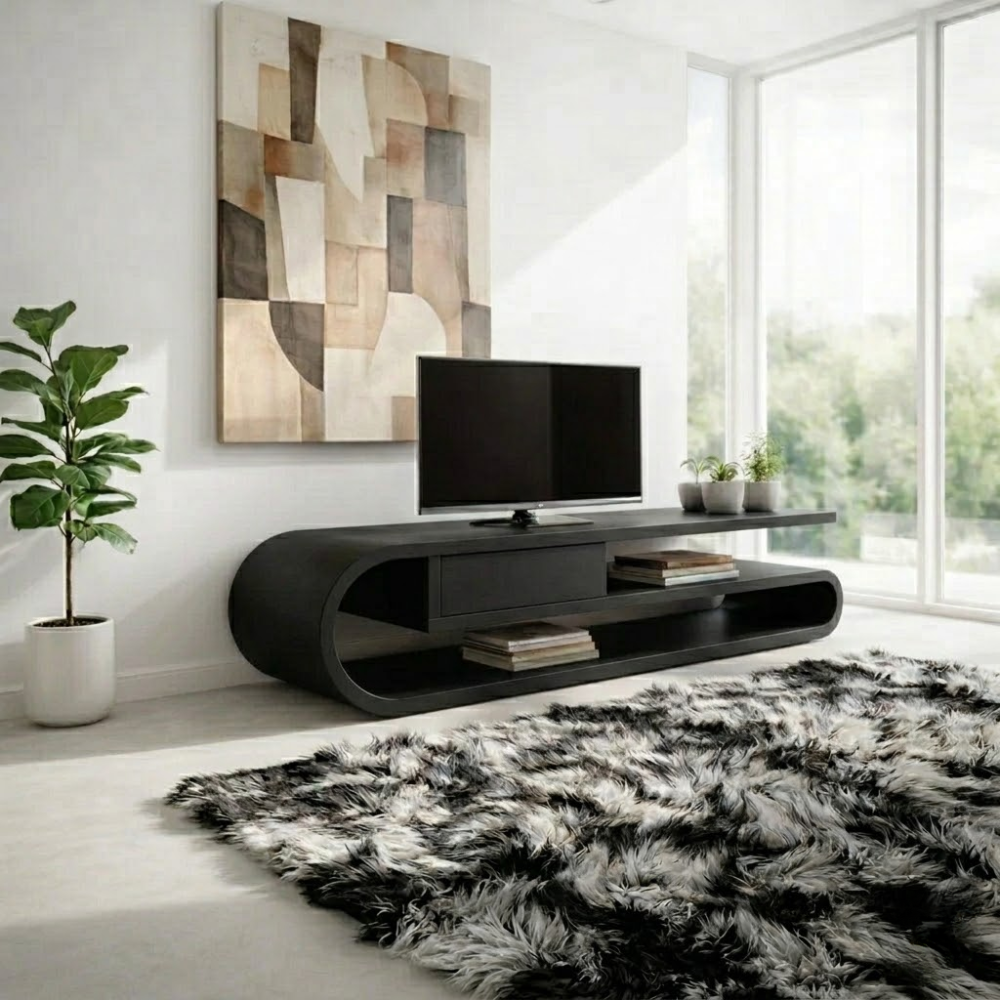 Solid Wood TV Console with Curved Frame – Media Stand with Drawer